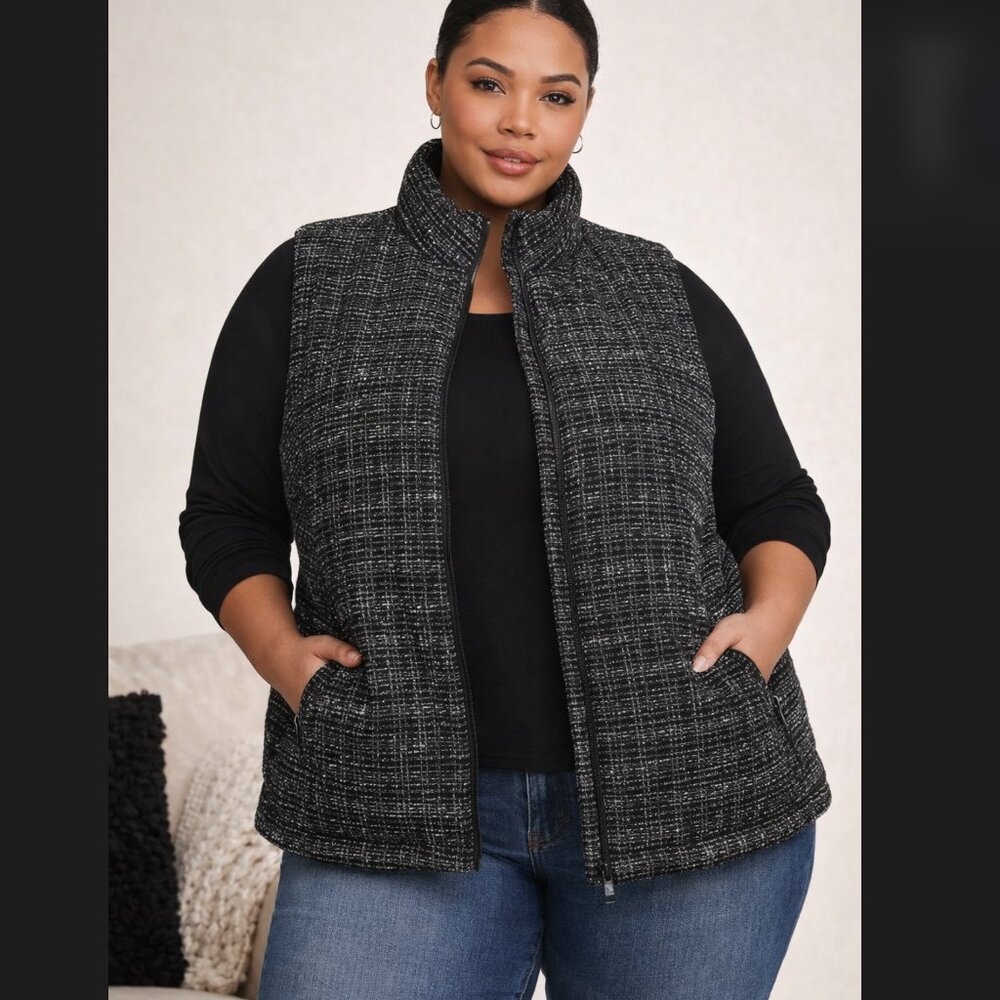 Torrid Boucle Puffer Vest 3X 22 24 Black Zip High Neck Pockets Wind Water Resist